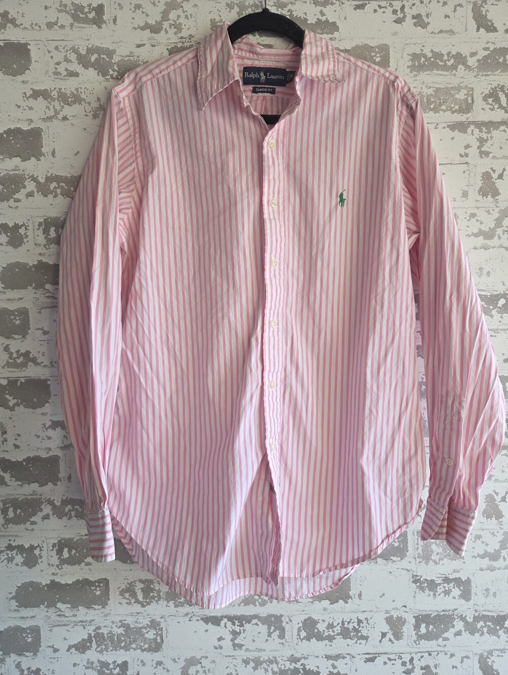 ​Ralph Lauren Mens Pink White Striped Classic Fit Button Up Shirt Medium